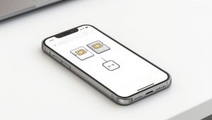 A graphite iPhone sketch with two SIM cards and an eSIM chip beside it.