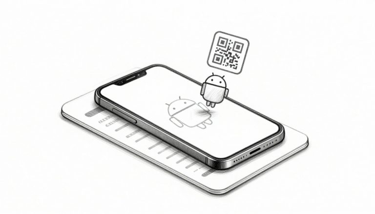 A sketched Android phone rests on a passport and boarding pass beneath eSIM and QR icons.