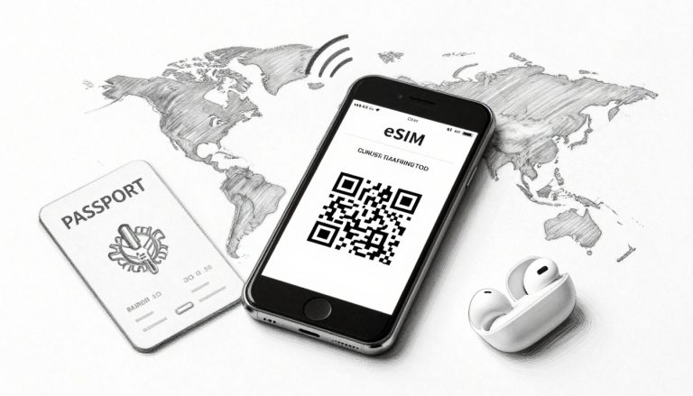 Graphite sketch of a phone showing eSIM activation beside travel documents and earbuds.