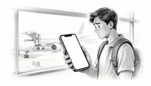 A traveler checks a phone near an airport window overlooking a parked airplane.