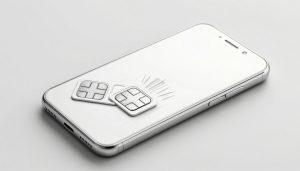 A sketched Android phone with two SIM cards and faint battery and signal symbols.
