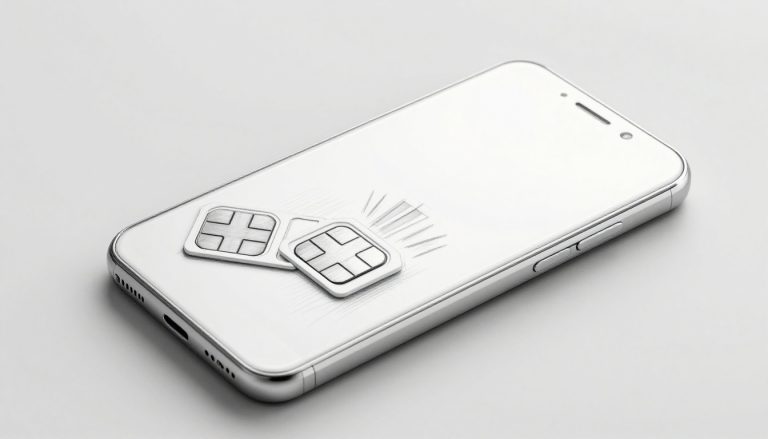 A sketched Android phone with two SIM cards and faint battery and signal symbols.