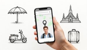 Traveler holding an iPhone with a Thailand map and travel icons.