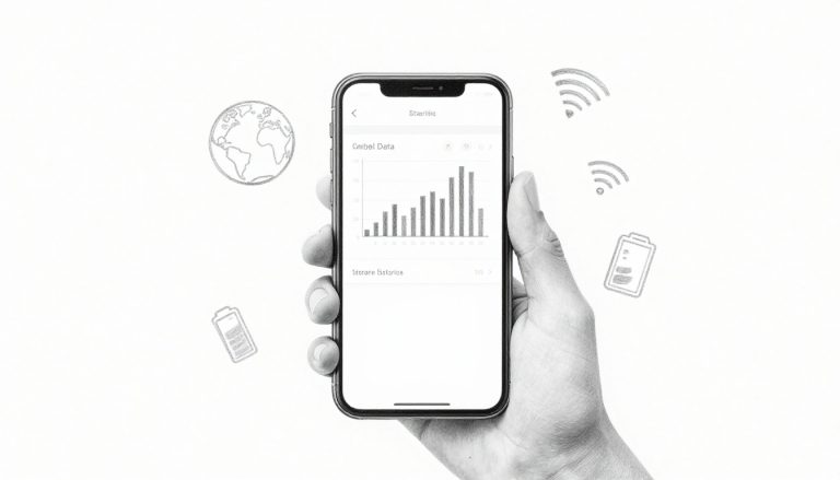 Graphite sketch of an iPhone showing cellular data usage with floating Wi-Fi and globe icons.