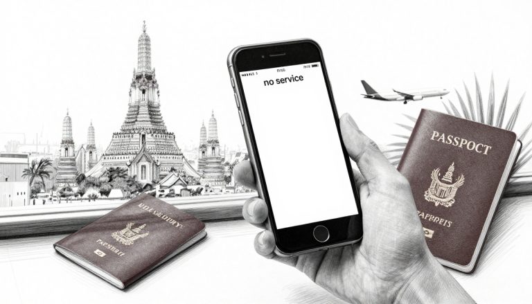 A traveler holds an iPhone with no signal at a Thai airport window.