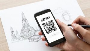 Hands hold an iPhone with an eSIM QR code beside a passport and open suitcase.