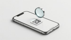 A sketched iPhone, SIM tools, eSIM card, and magnifying glass on gray paper.