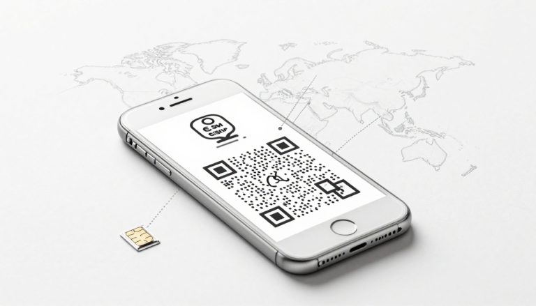 Graphite iPhone SE with a floating eSIM QR code and SIM tray tool.