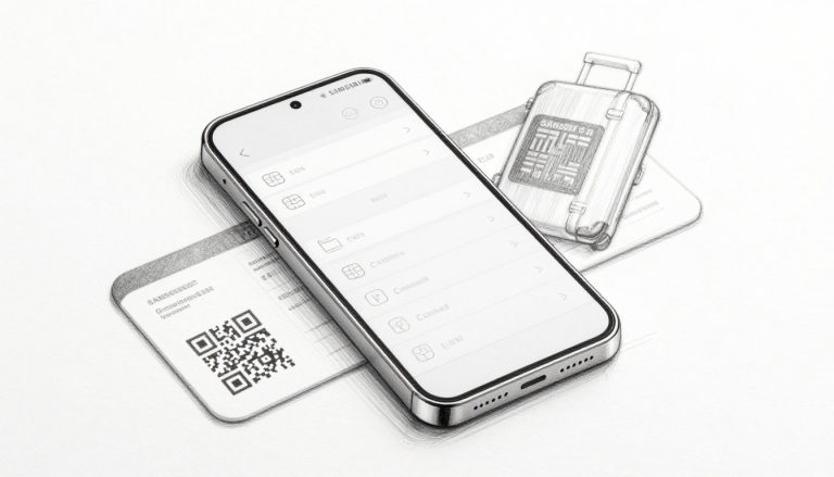 A sketched Galaxy S24 beside a QR code card, boarding pass, passport, and suitcase.