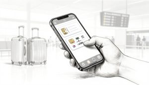 Traveler holding a phone with two SIM signals beside a Thai eSIM QR card.