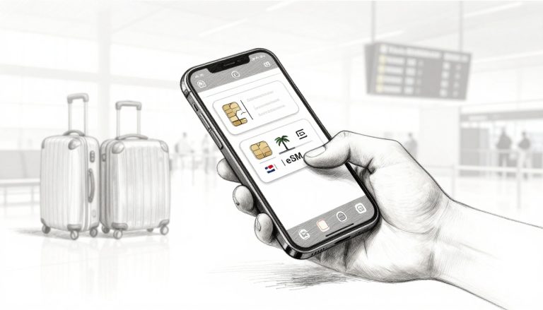 Traveler holding a phone with two SIM signals beside a Thai eSIM QR card.