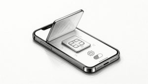 An open phone displays a floating eSIM card beside a reset gear and toggle.