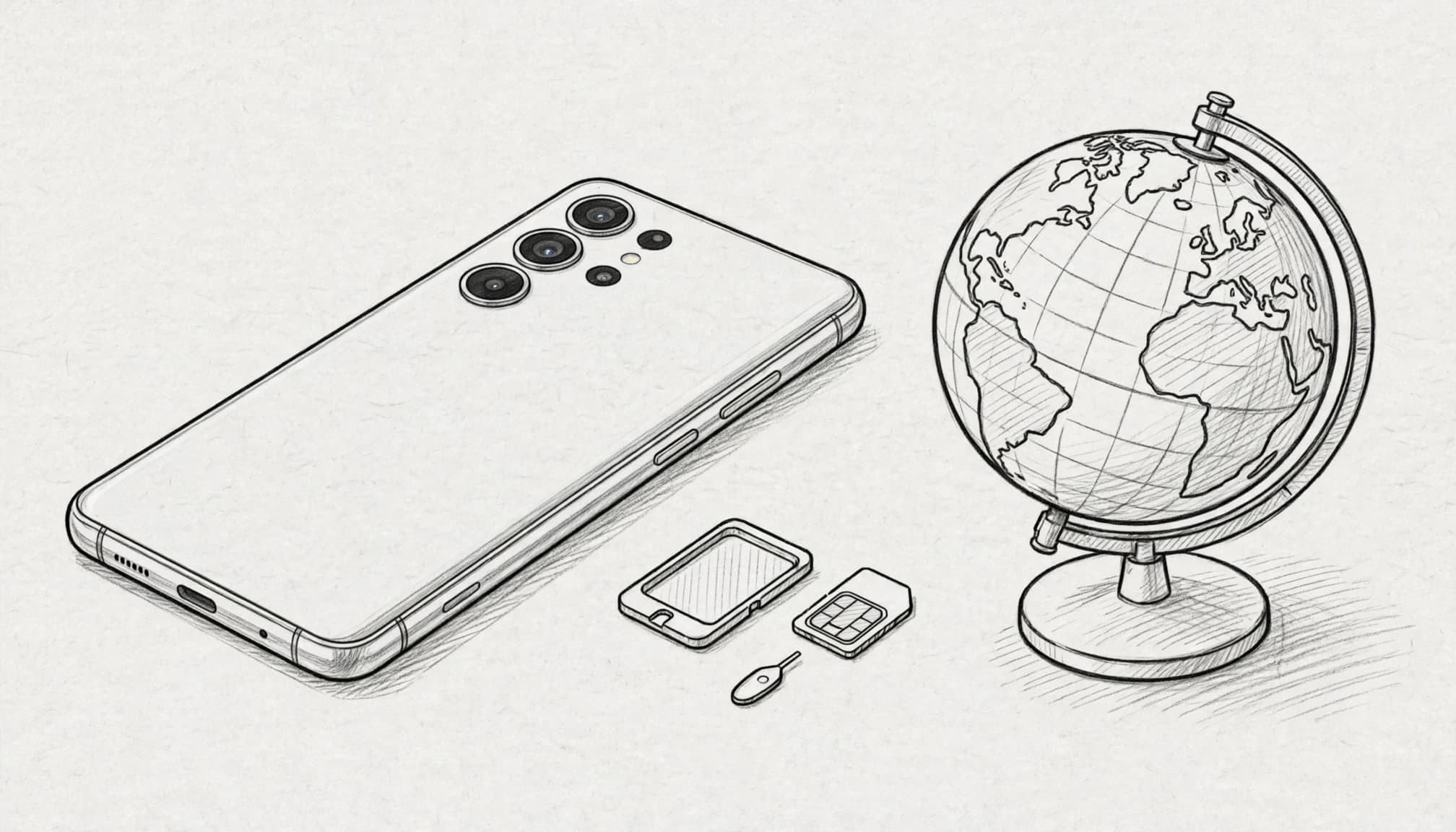 A smartphone, SIM tray, and small globe on a white tabletop.