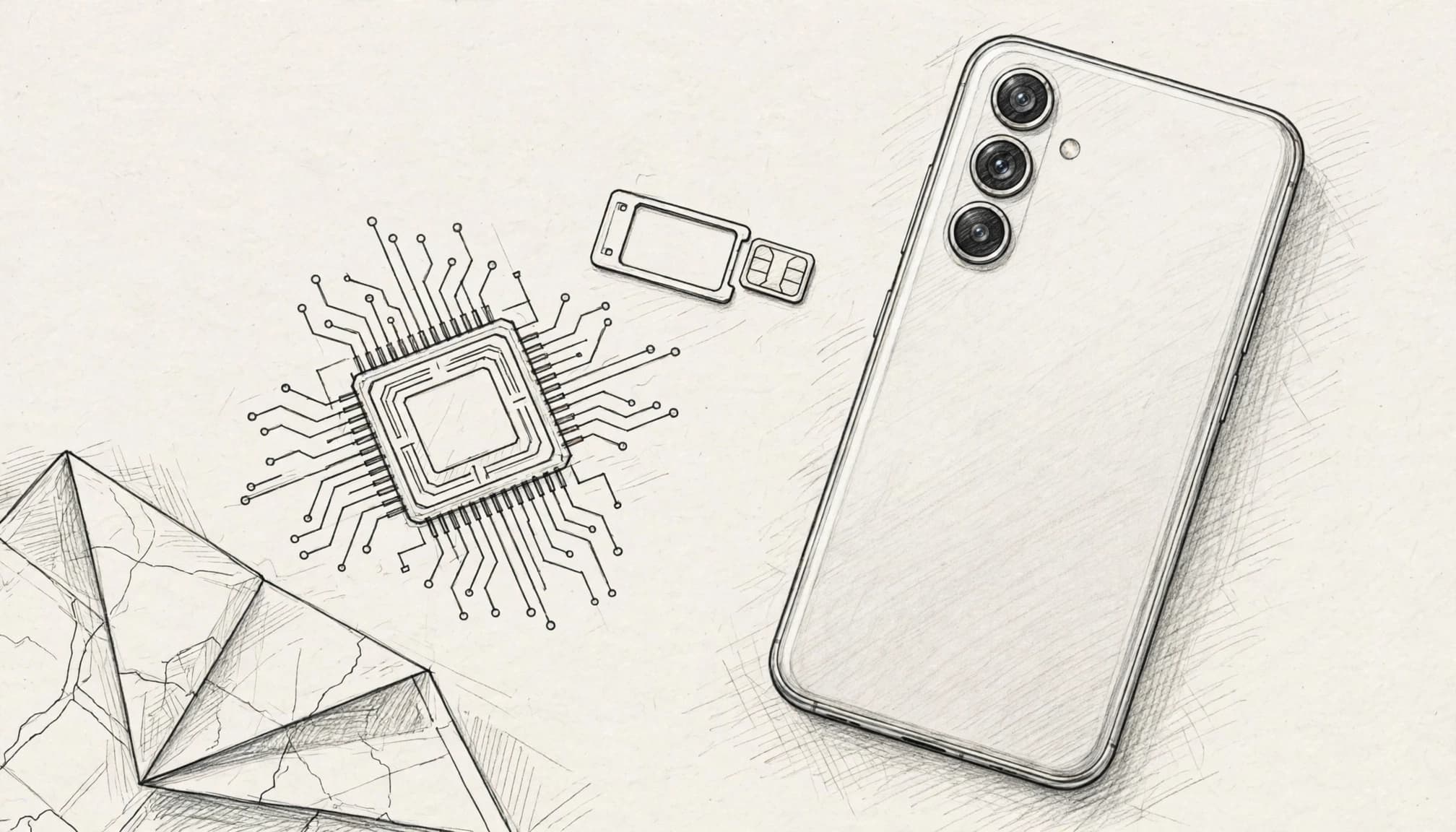 A sketched phone back and SIM tray sit beside a folded map.