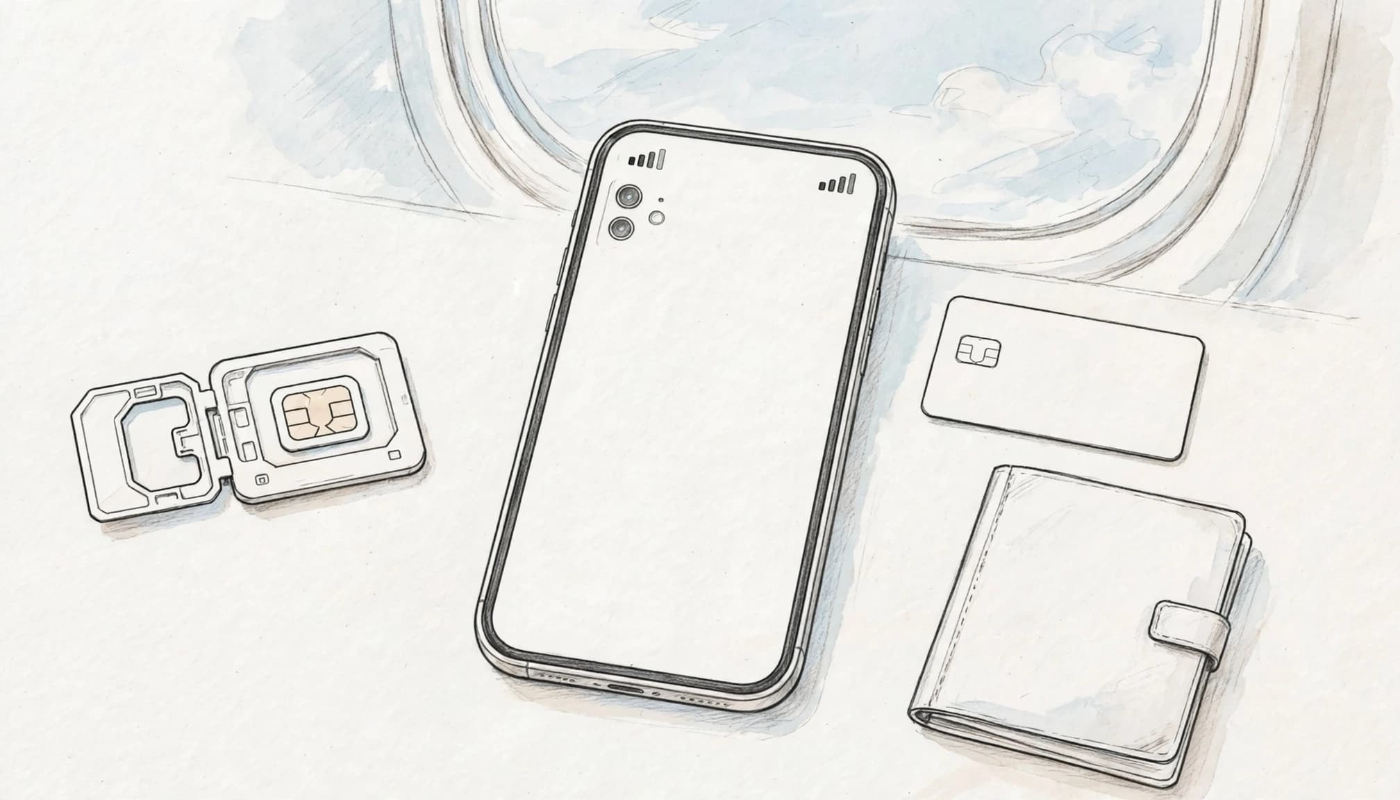 A smartphone, passport, bank card, and SIM tray arranged on a light tabletop.