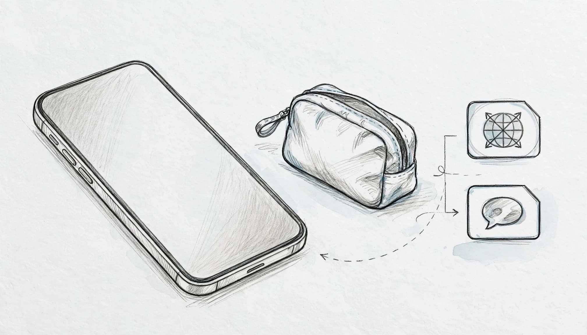 A smartphone beside a travel pouch and two SIM profile symbols.