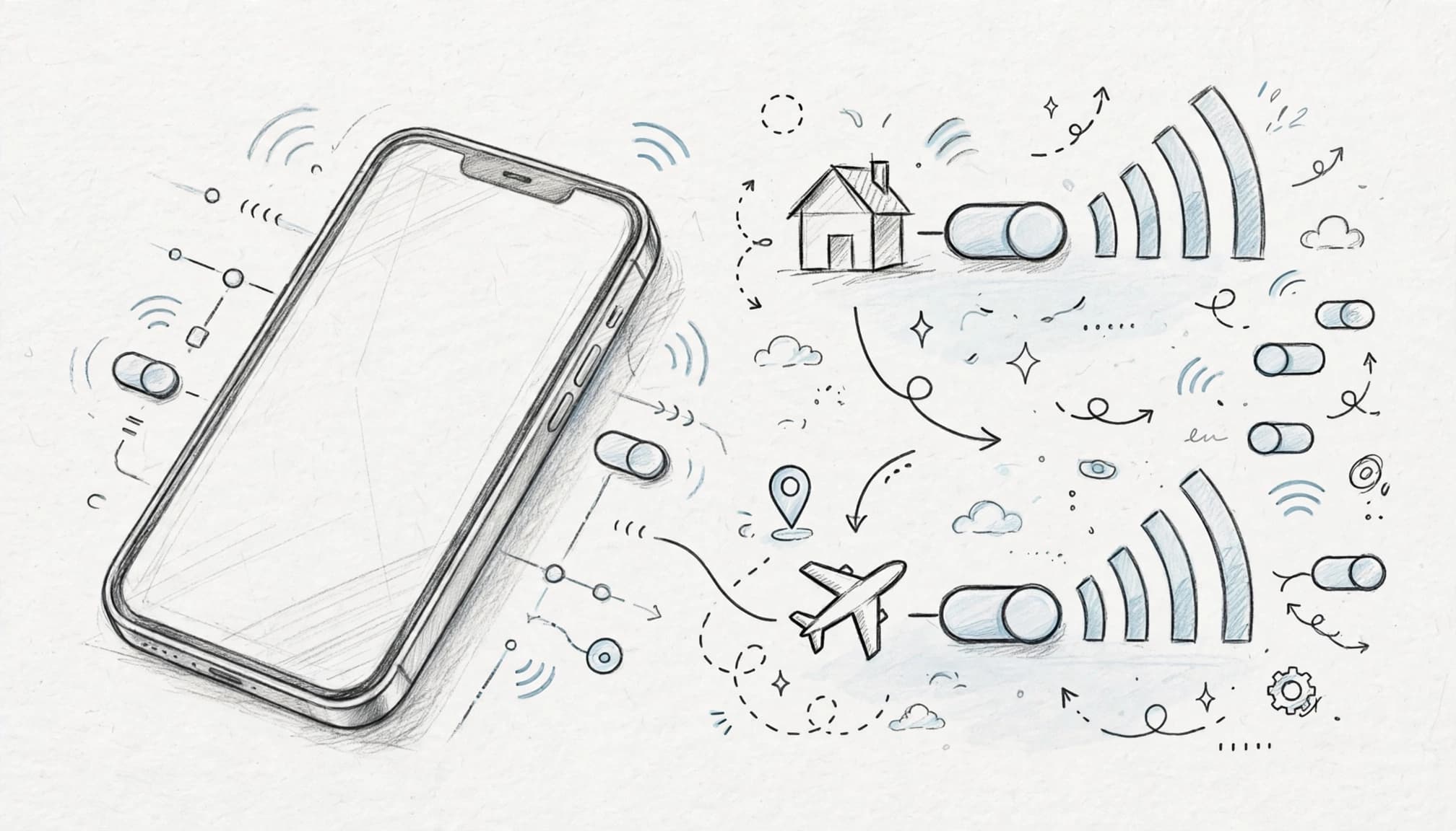An angled iPhone beside a sketch showing two cellular lines and signal bars.