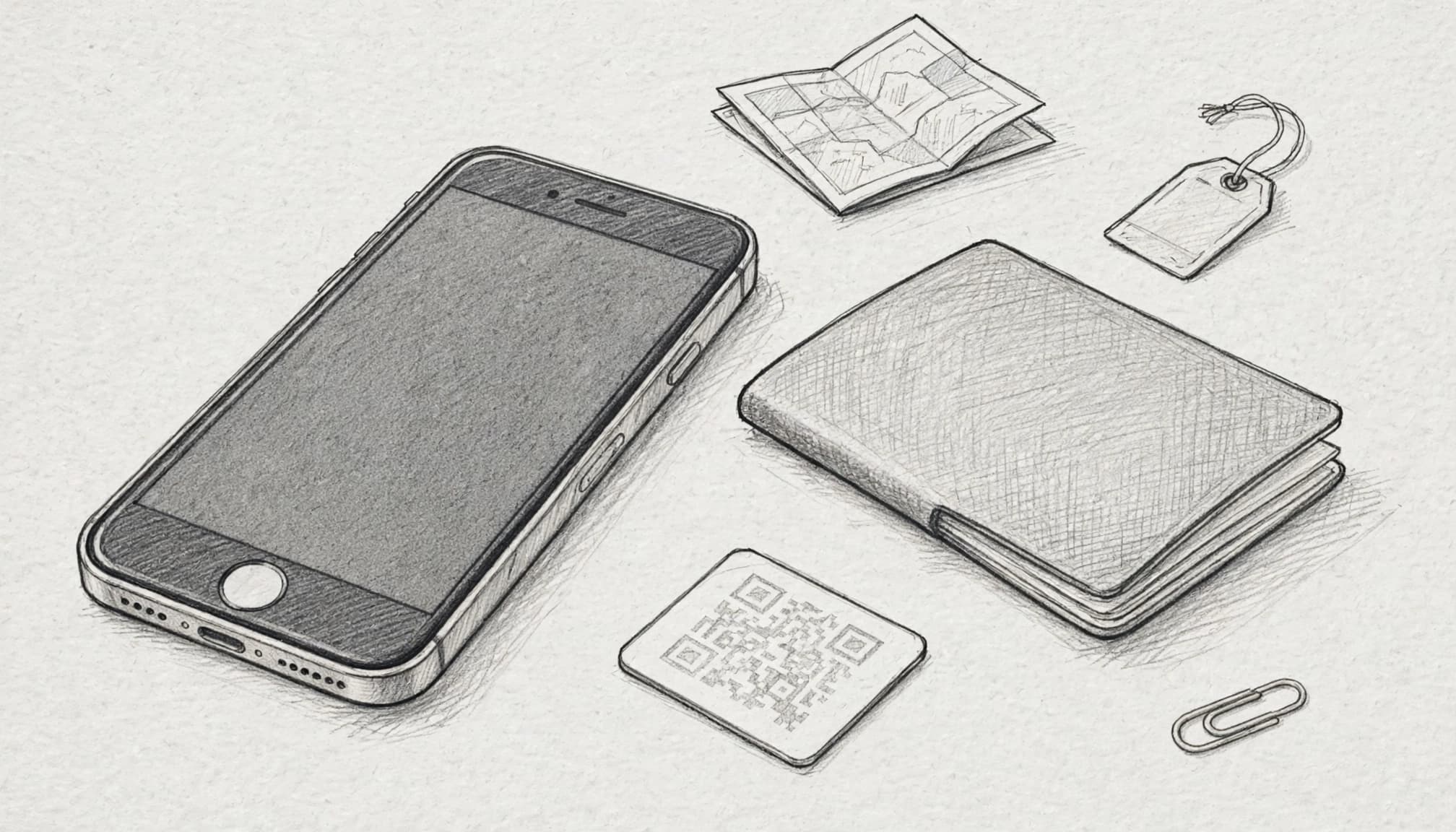 An angled iPhone beside a passport and QR card on a pale gray background.