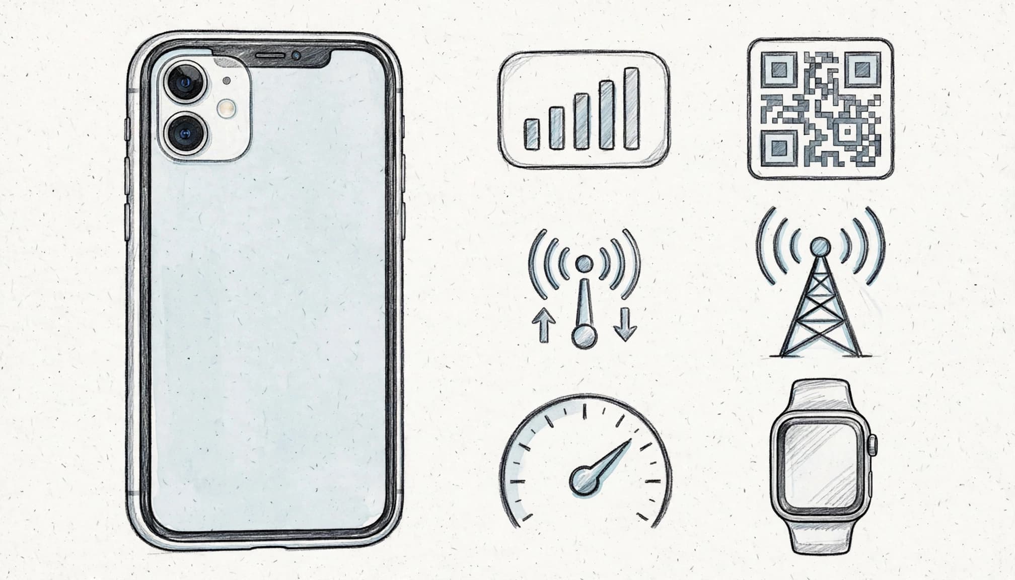 An iPhone beside icons showing eSIM signal, QR code, data, network, speed, and Apple Watch symptoms.
