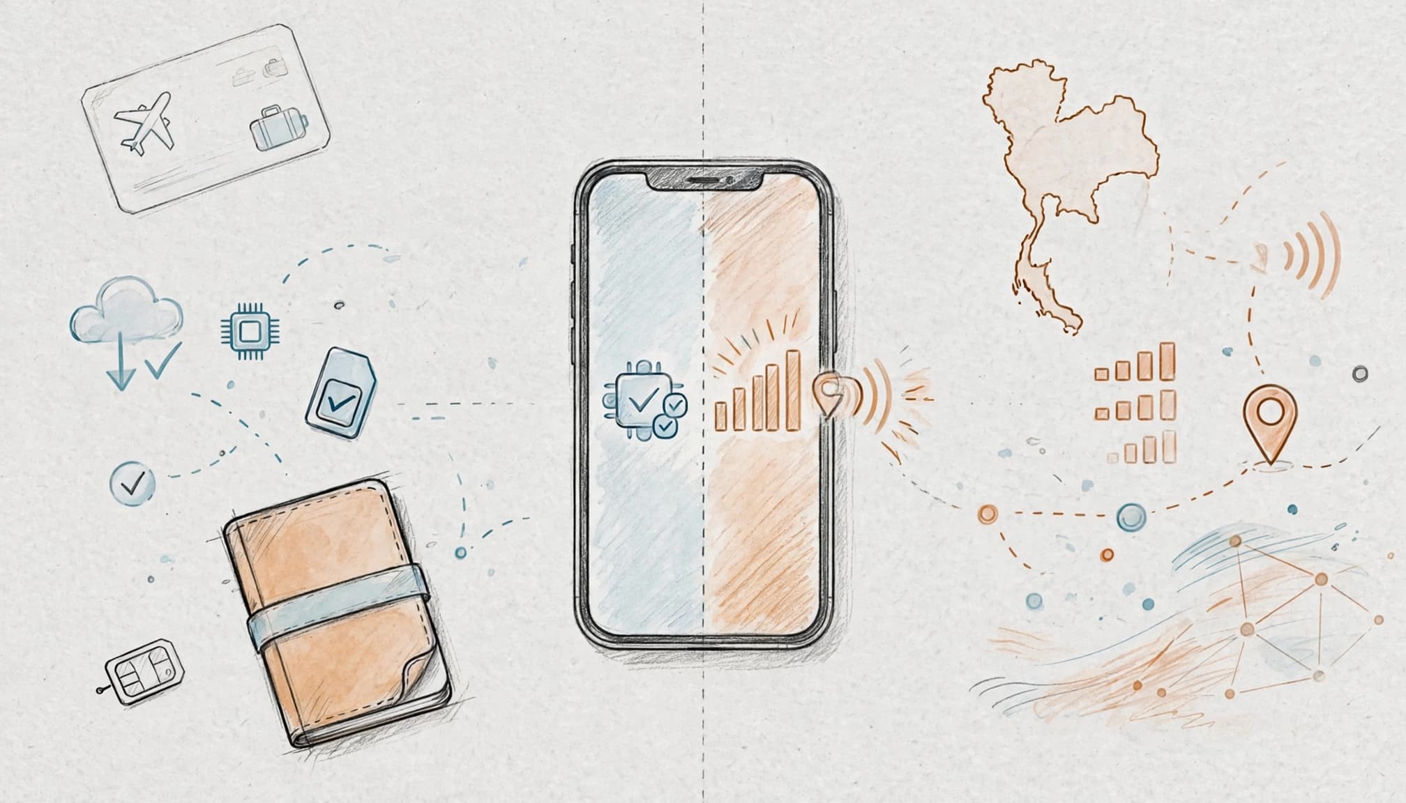 An iPhone beside a travel notebook and SIM tray, showing two eSIM stages.
