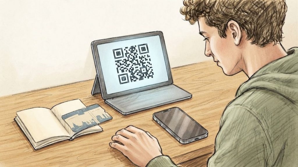Traveler setting up an iPhone beside a passport, boarding pass, and QR code screen.