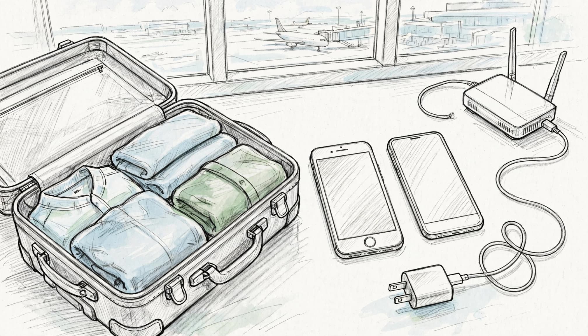 Open suitcase beside two iPhones, a travel adapter, cable, and router on a bright tabletop.