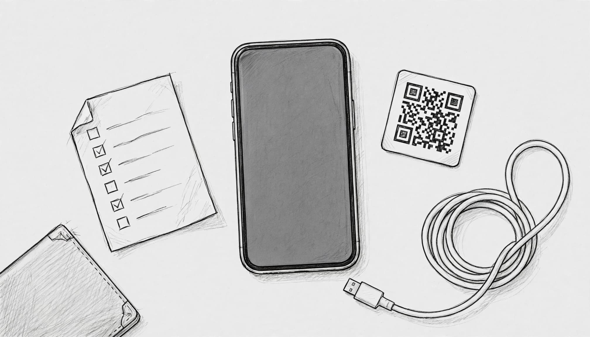 An iPhone beside a travel checklist, QR code card, passport, and charging cable.