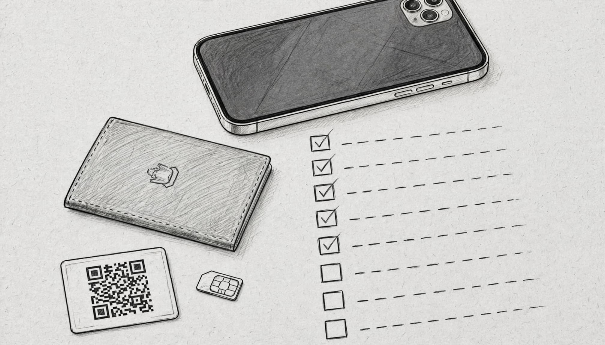 An iPhone beside a passport, SIM tray, and QR-code card on gray paper.