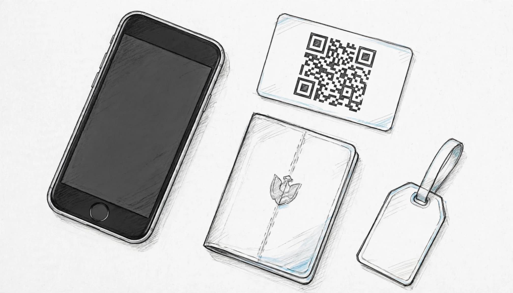 iPhone SE, passport, QR card, and suitcase tag arranged on an airport table.