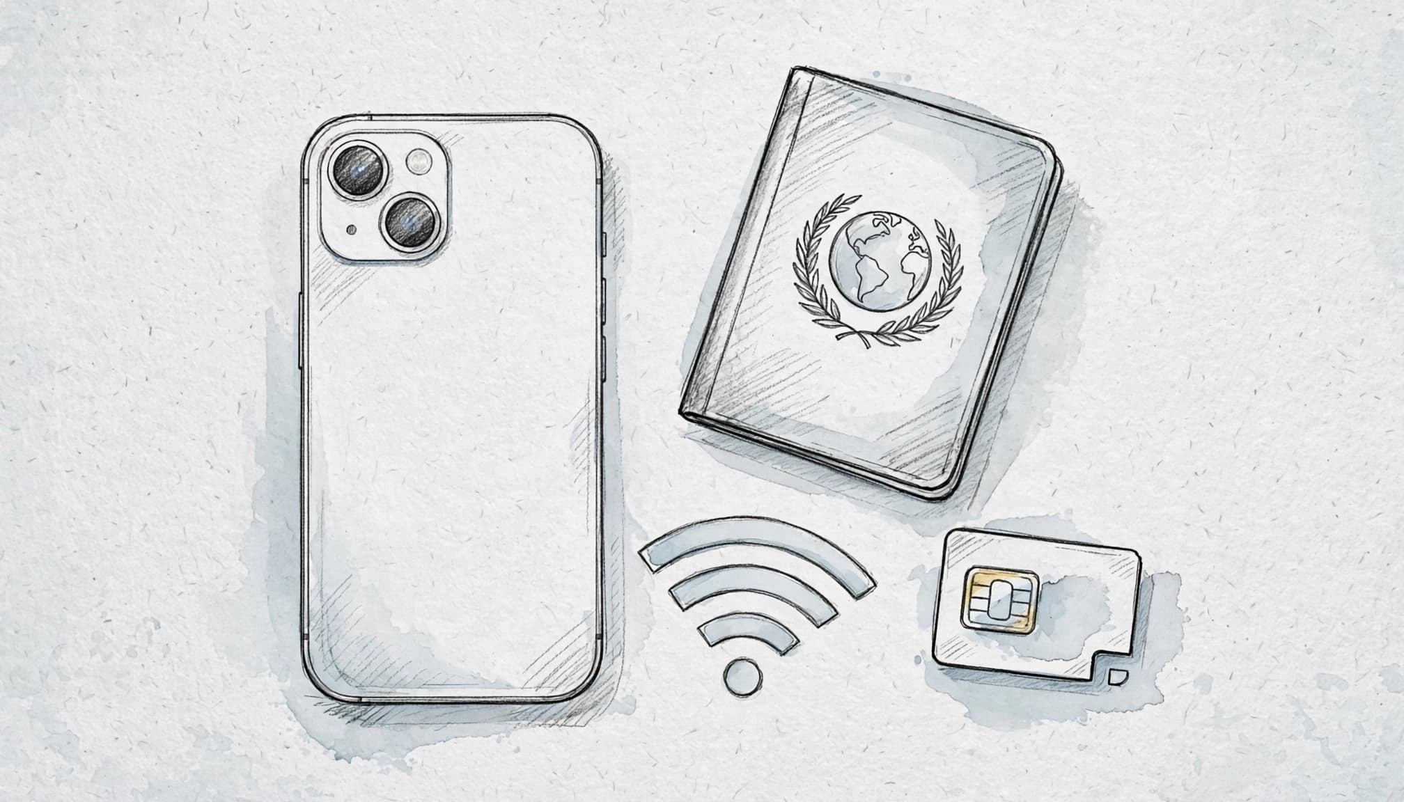 A smartphone beside a passport, eSIM symbol, and Wi-Fi icon on a light gray background.
