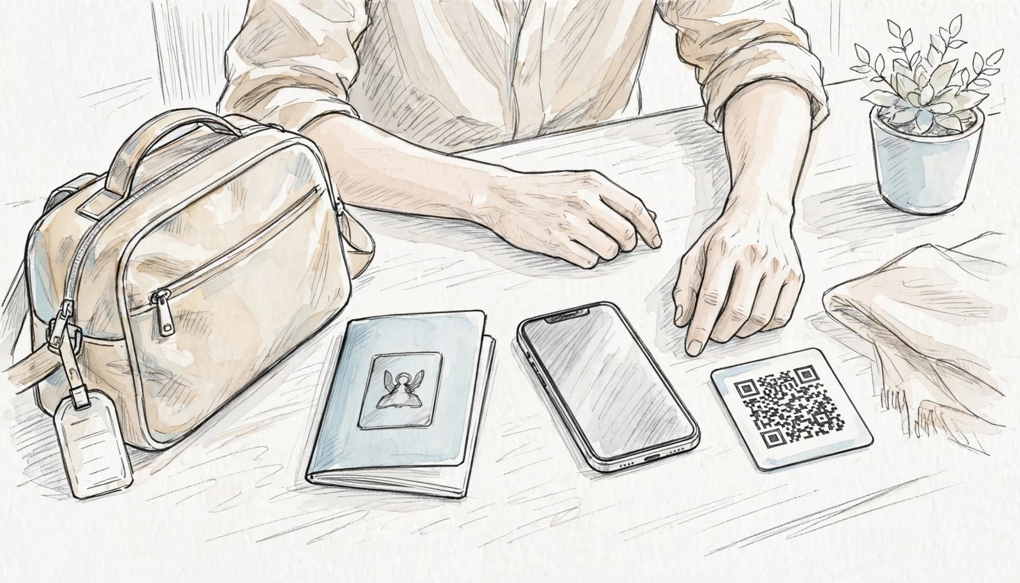 Traveler preparing an iPhone beside a passport, QR card, and carry-on bag.