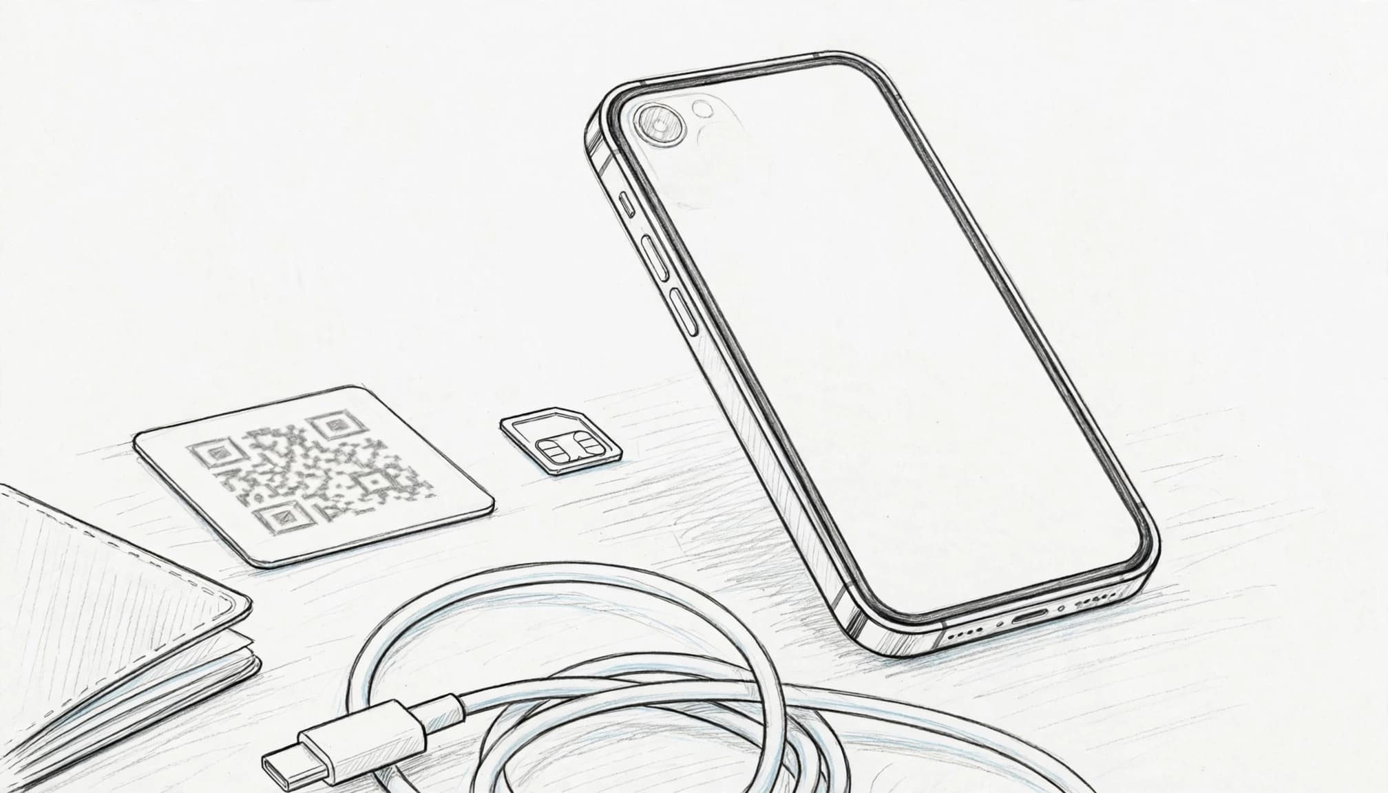 An iPhone beside a SIM tray, QR card, passport corner, and charging cable.