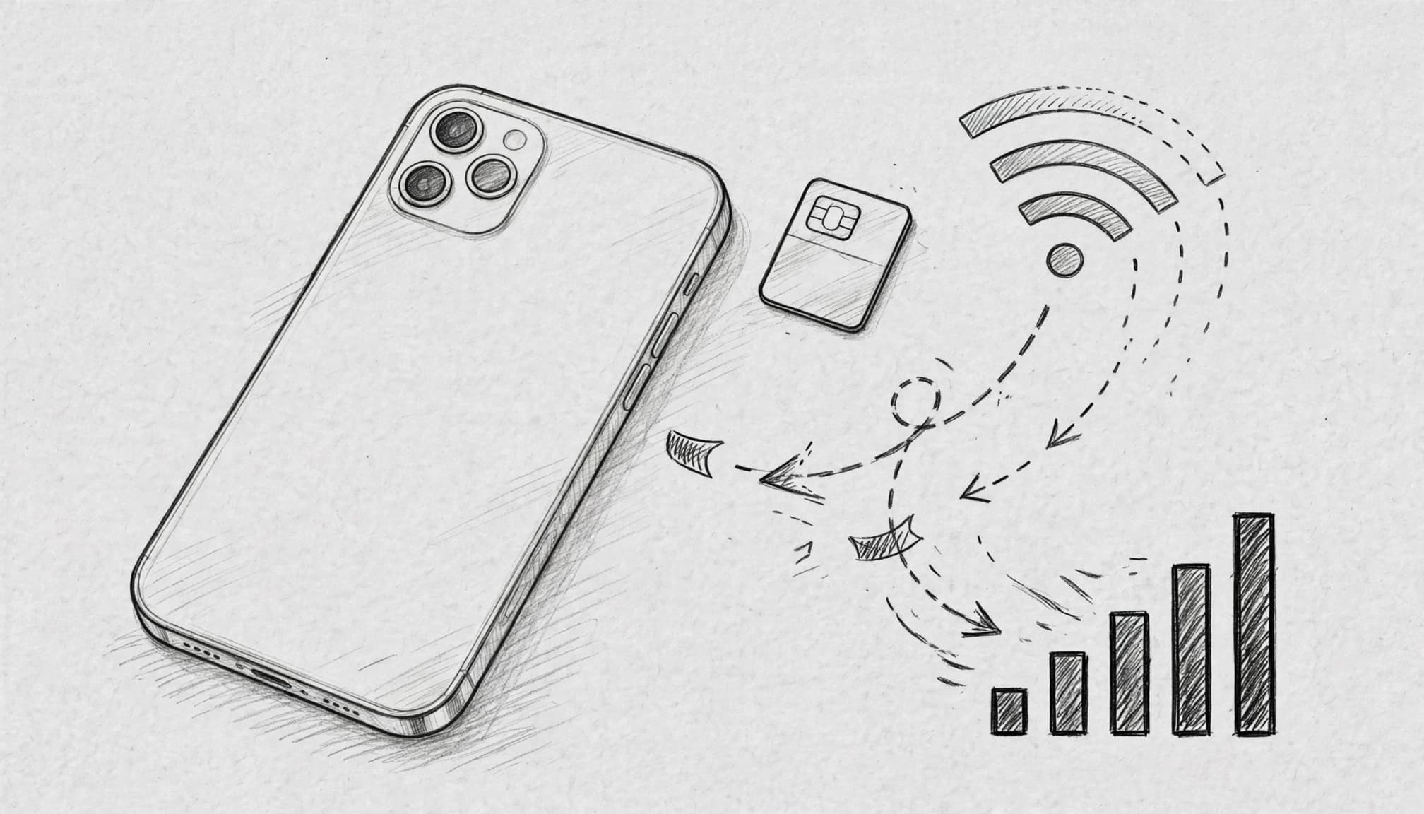 Angled iPhone beside an eSIM symbol as Wi-Fi fades and cellular data takes over.