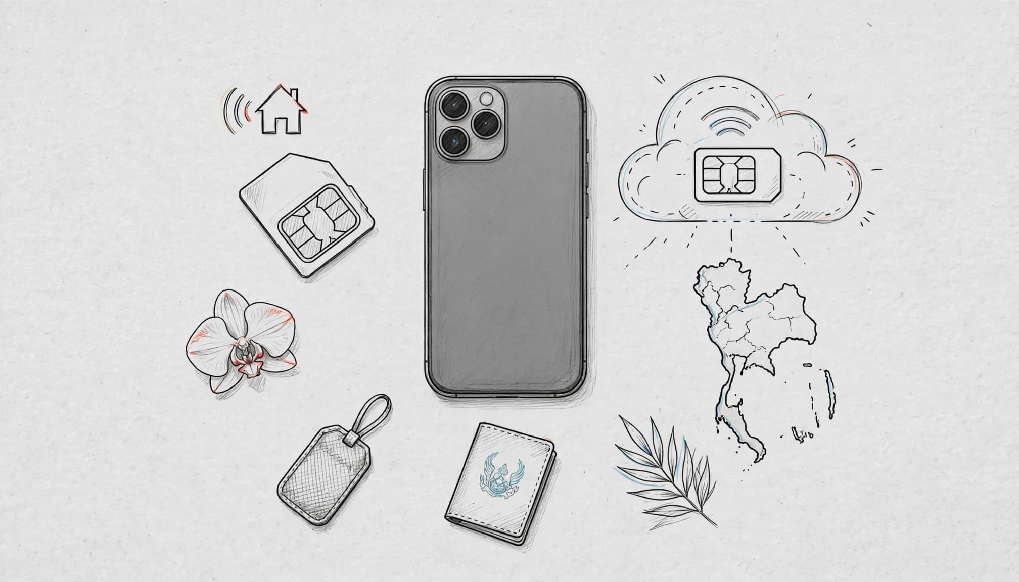 A smartphone beside a SIM card, eSIM symbol, passport, and Thai travel items.