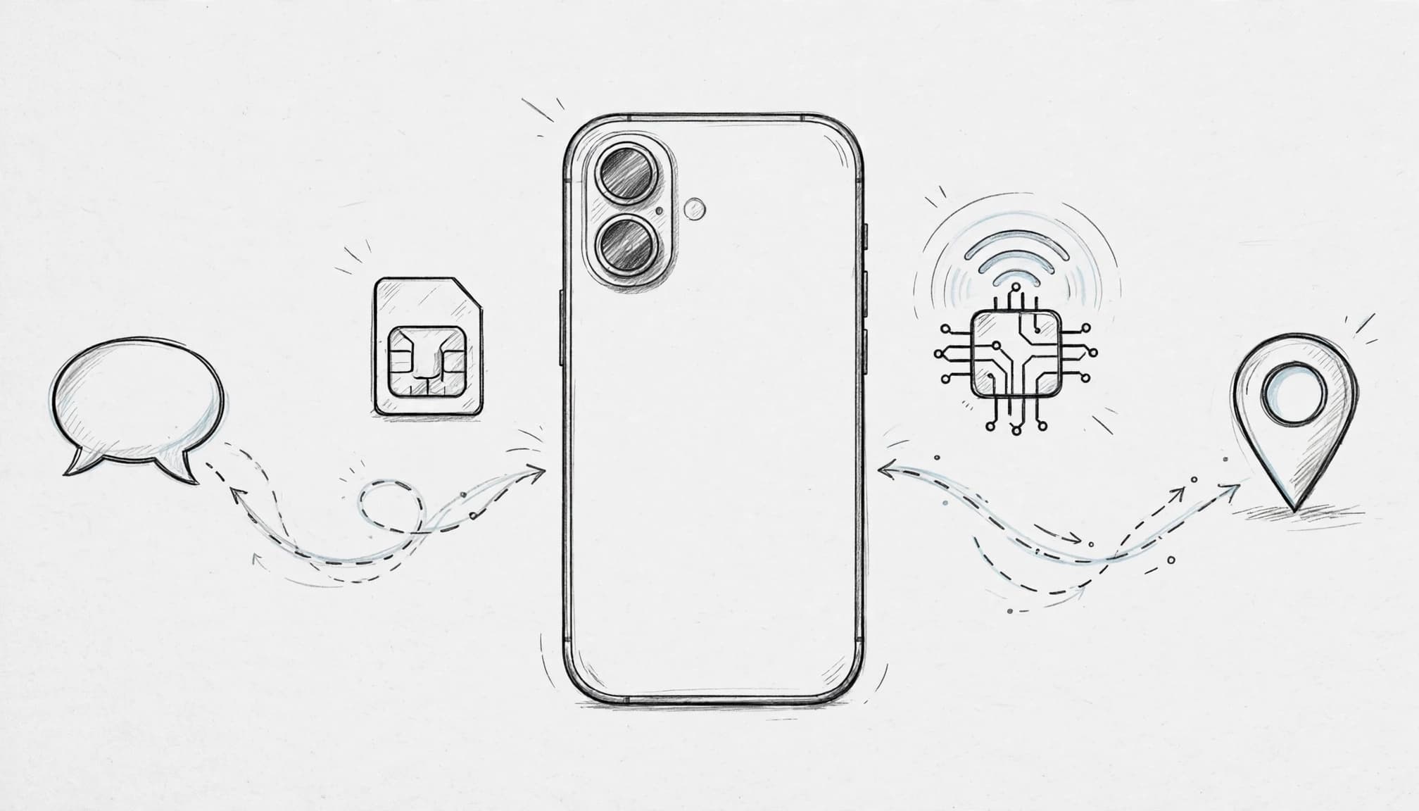 An iPhone beside SIM cards with paths to a message bubble and map pin.
