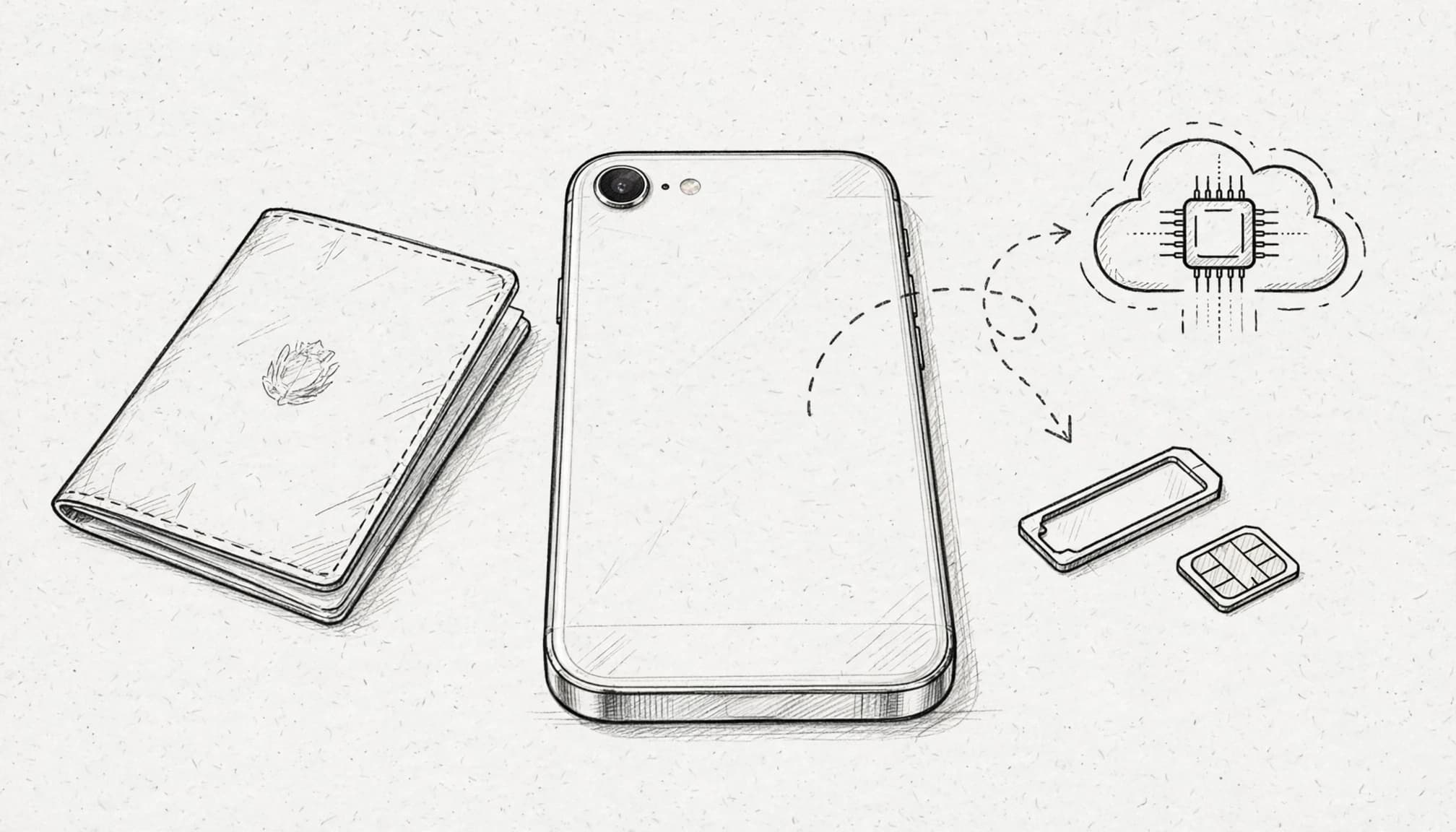 An iPhone SE beside a passport and SIM tray on a light paper background.
