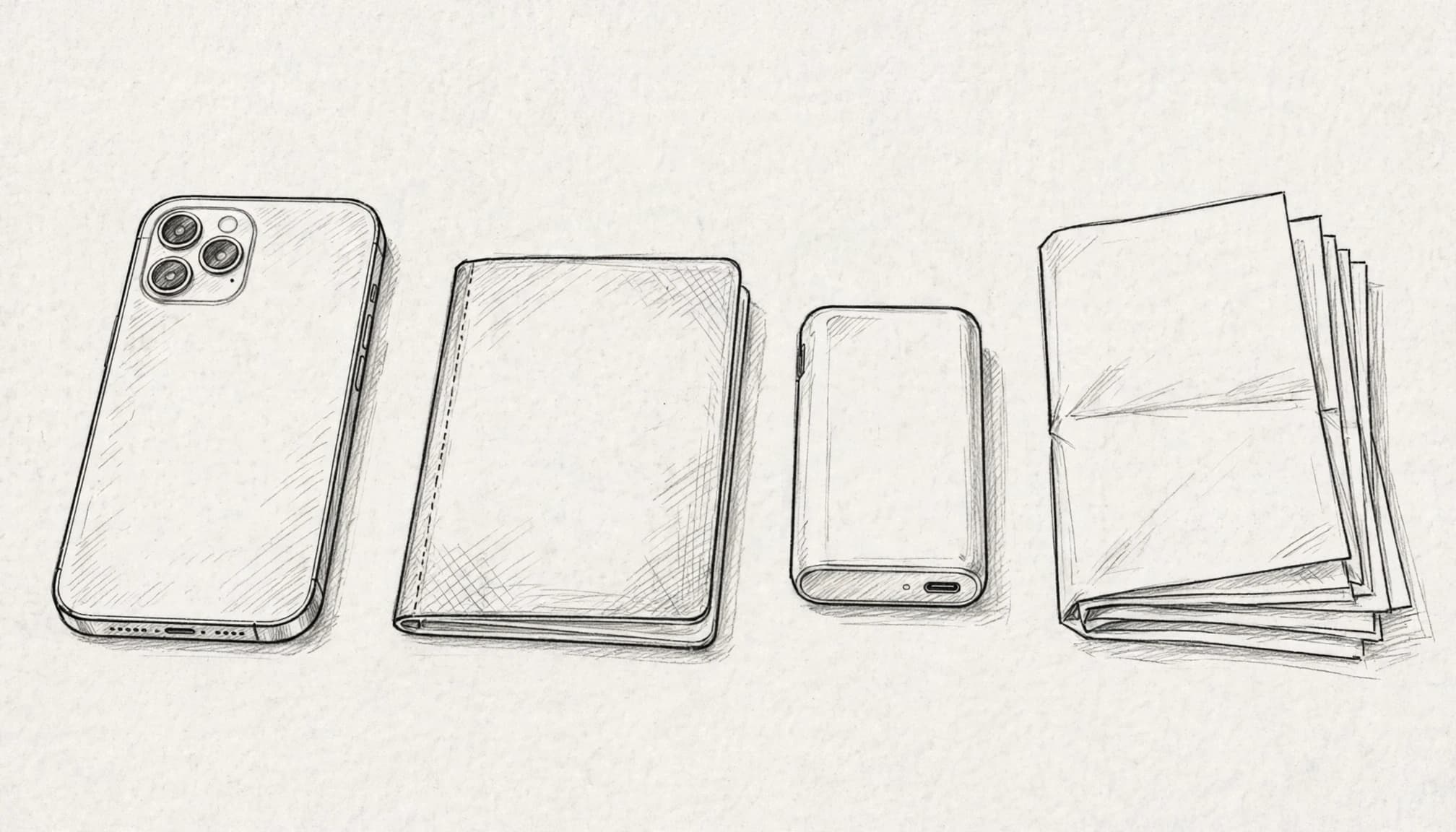 An iPhone beside a passport, power bank, and travel documents on an entry table.