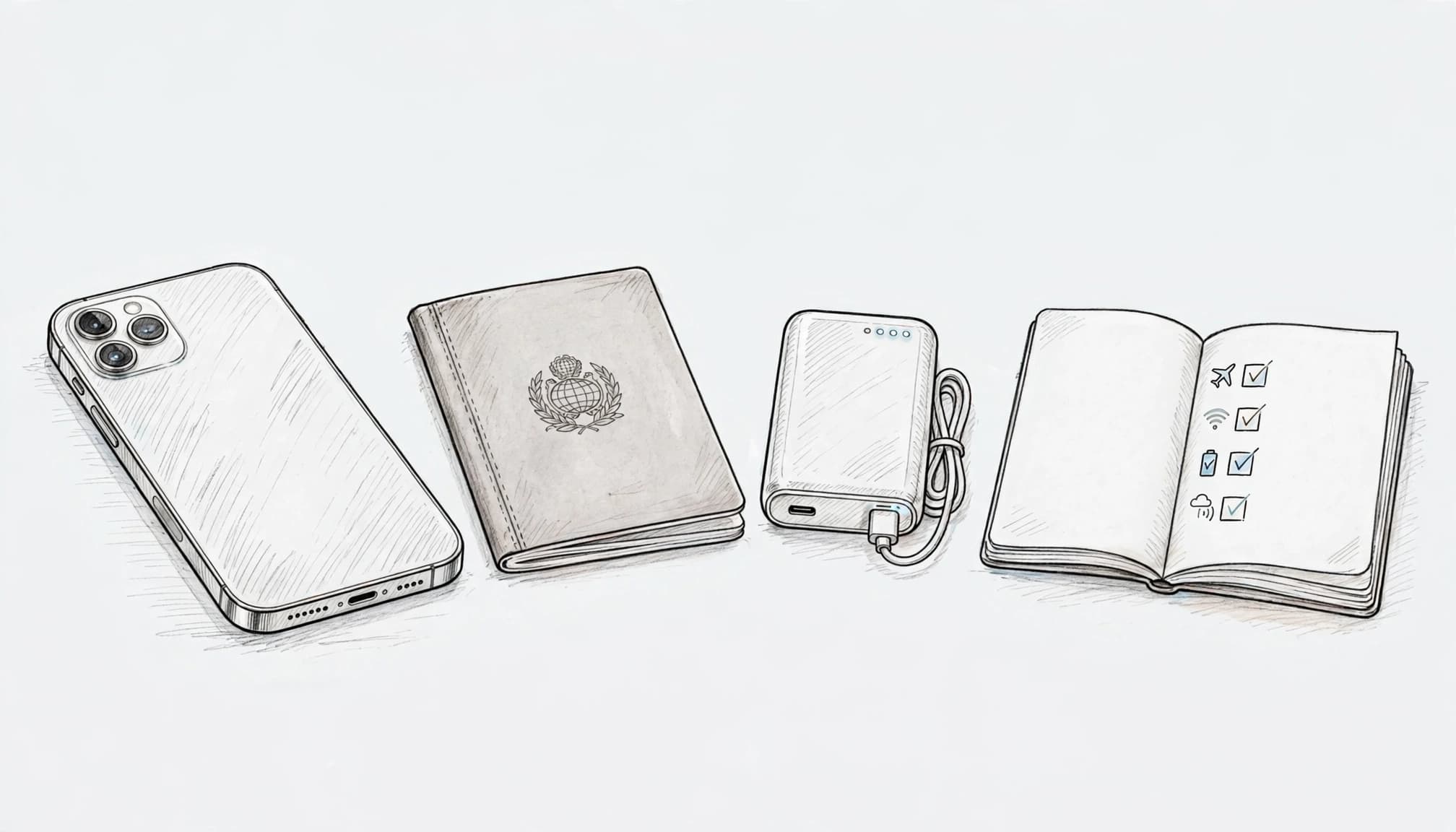 An iPhone, passport, power bank, and notebook arranged on an entry table.