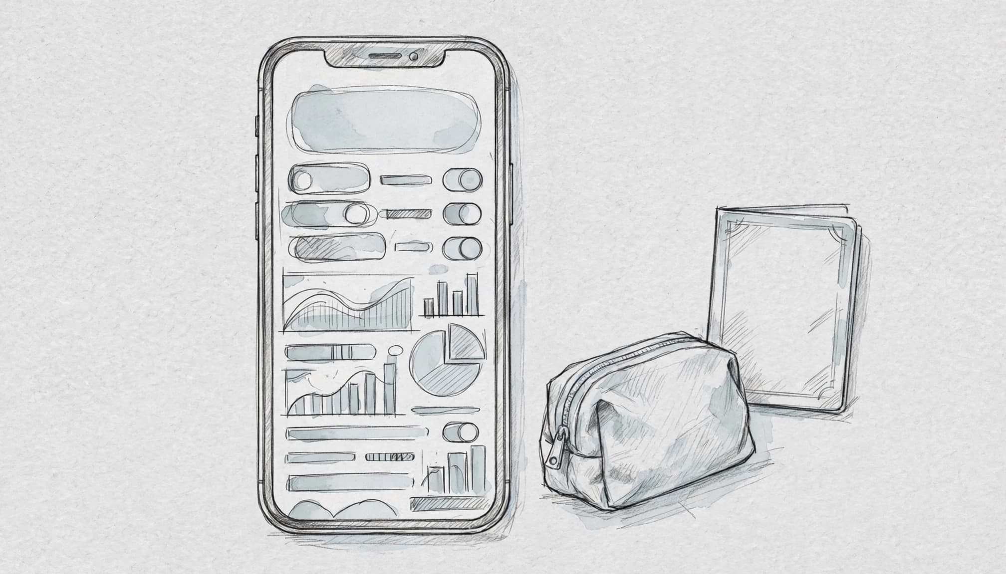 An iPhone with a travel pouch and passport on a light gray background.
