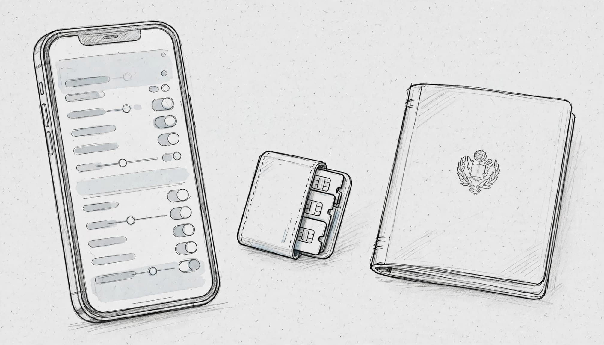 An upright iPhone beside a travel eSIM holder and passport on pale gray paper.