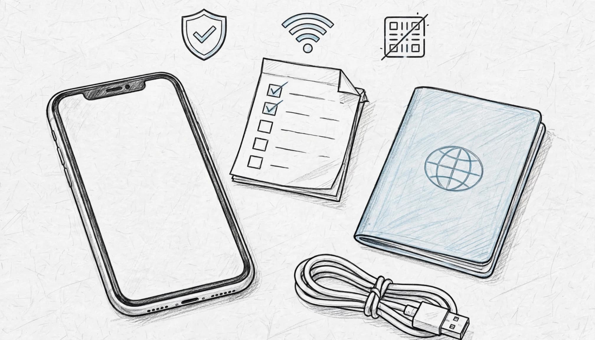 An iPhone beside travel documents and a folded charging cable on a bright hotel table.