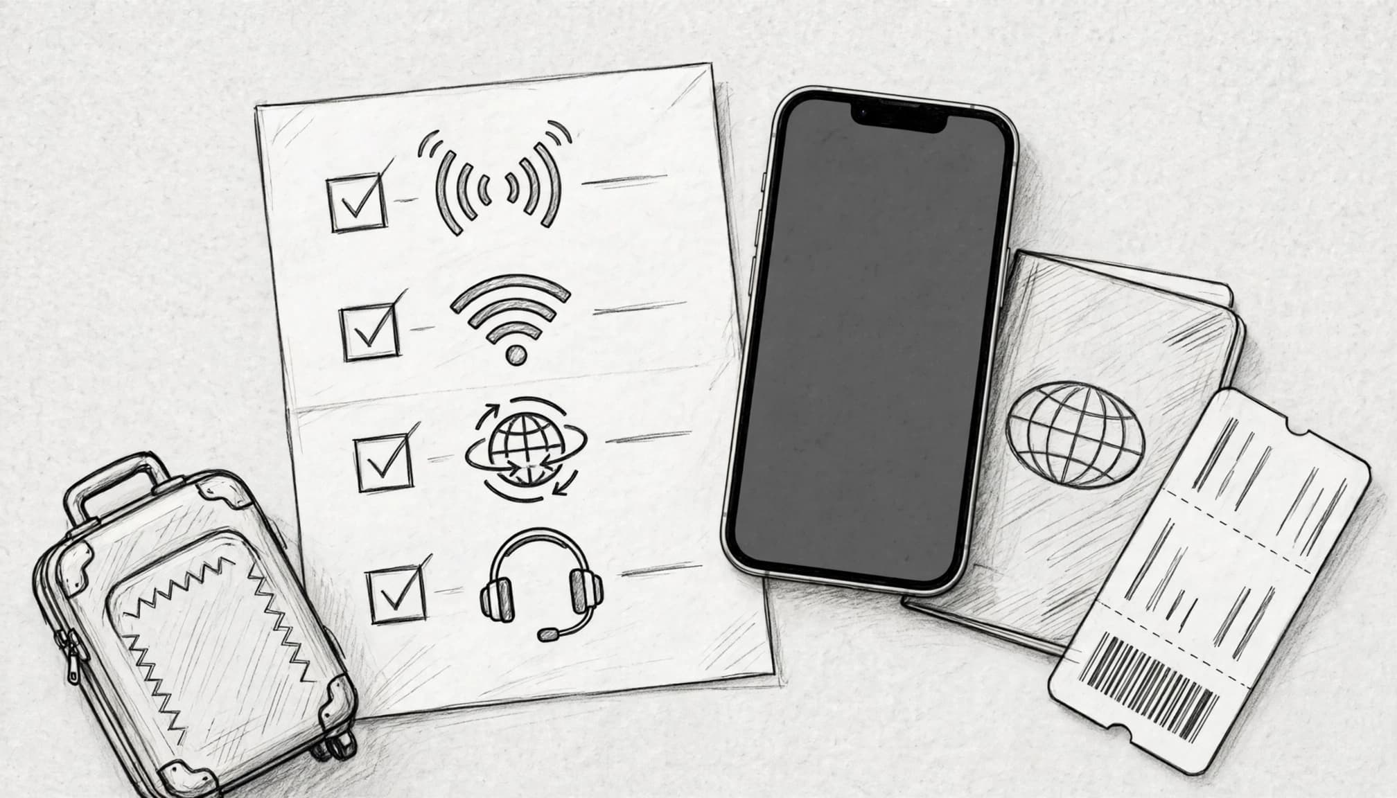 An iPhone beside a travel checklist, passport, boarding pass, and small suitcase.