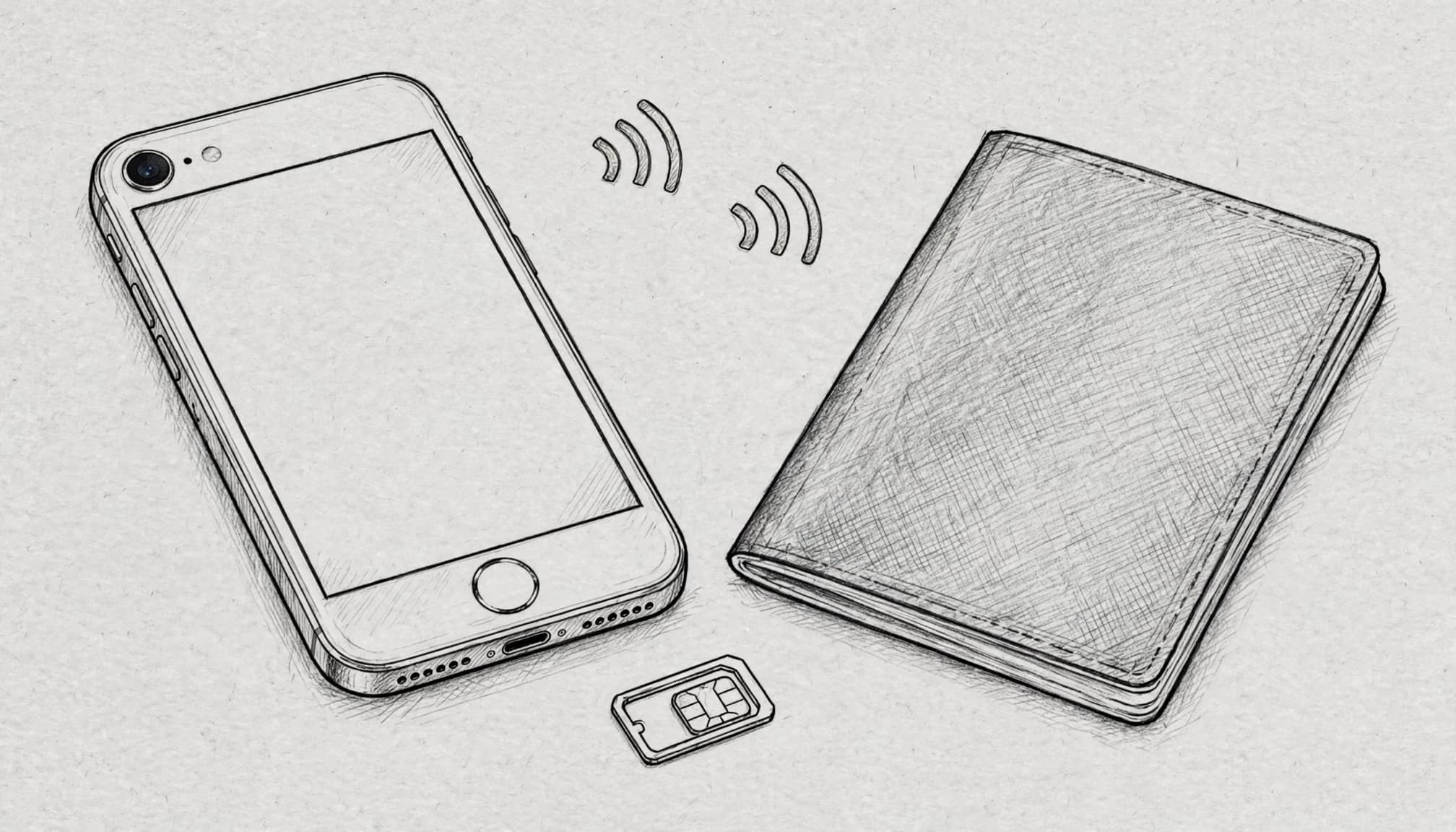 An iPhone beside a passport and SIM tray with two signal icons.