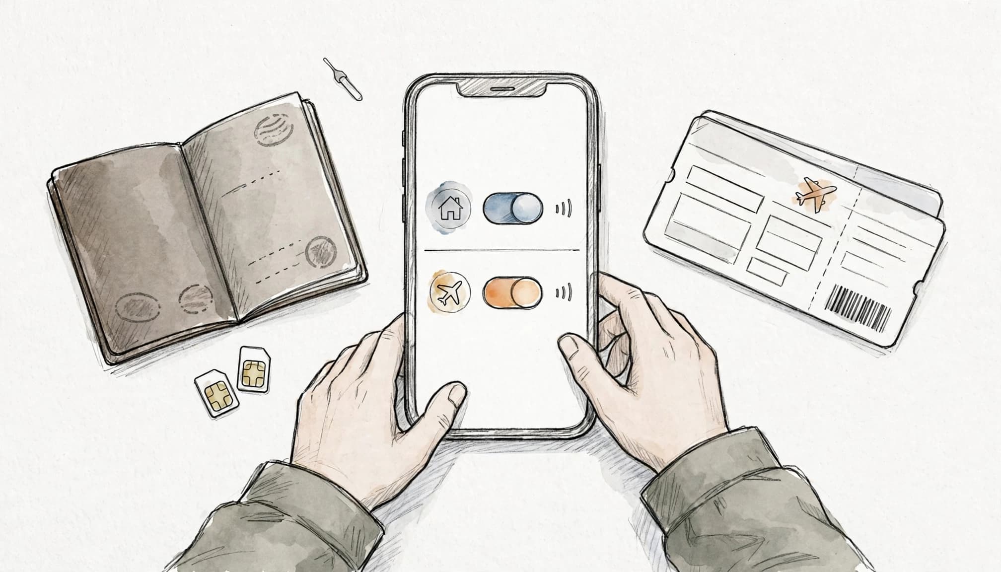 Traveler organizing two SIM lines beside a passport and boarding pass.