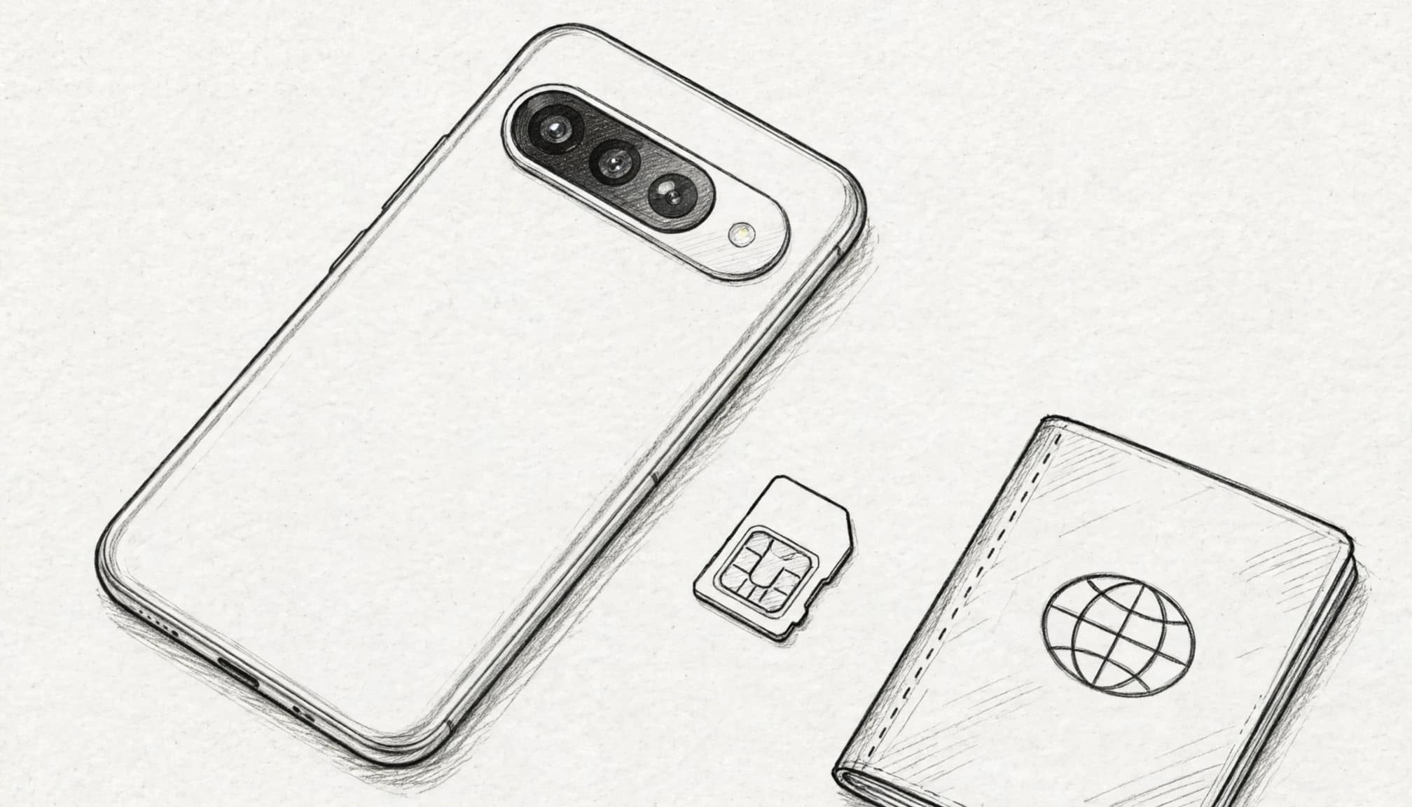 A smartphone, travel SIM card, and passport arranged on a light tabletop.