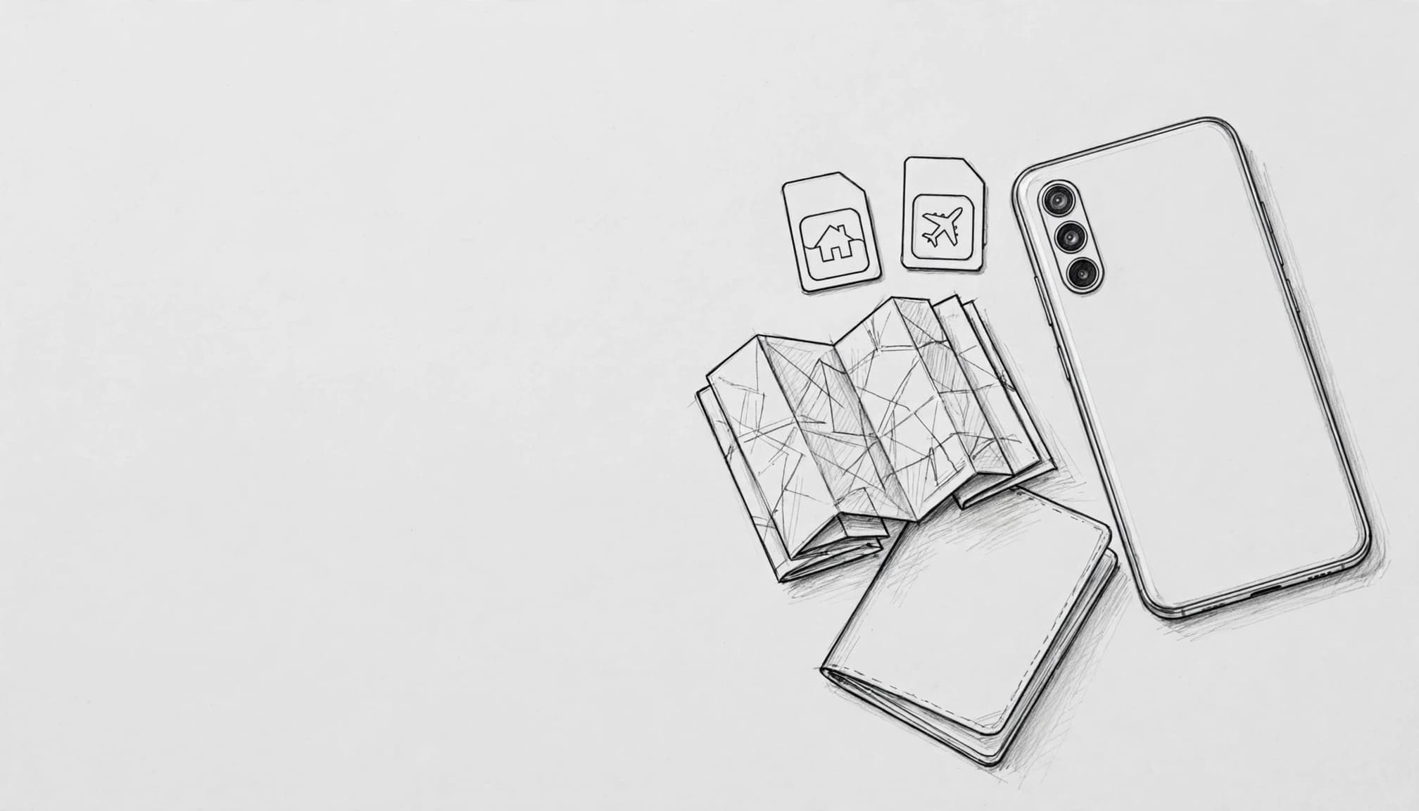 A smartphone with two SIM icons beside a folded map and passport.