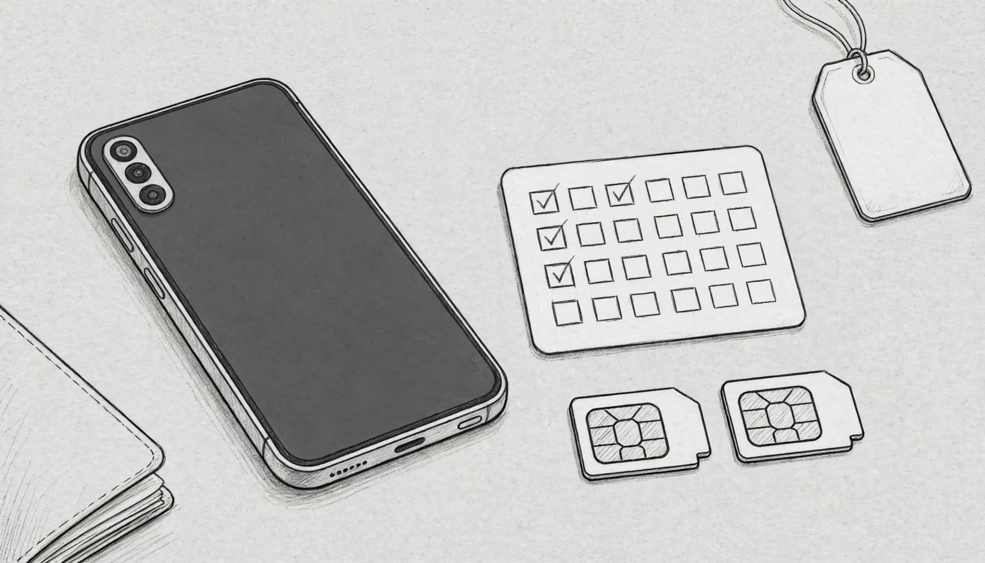 A blank-screen phone beside an empty checklist, two SIM symbols, and travel items.