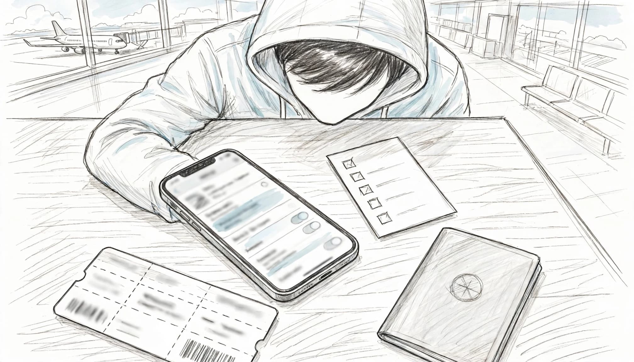 Traveler checking an iPhone beside a passport and boarding pass at an airport.