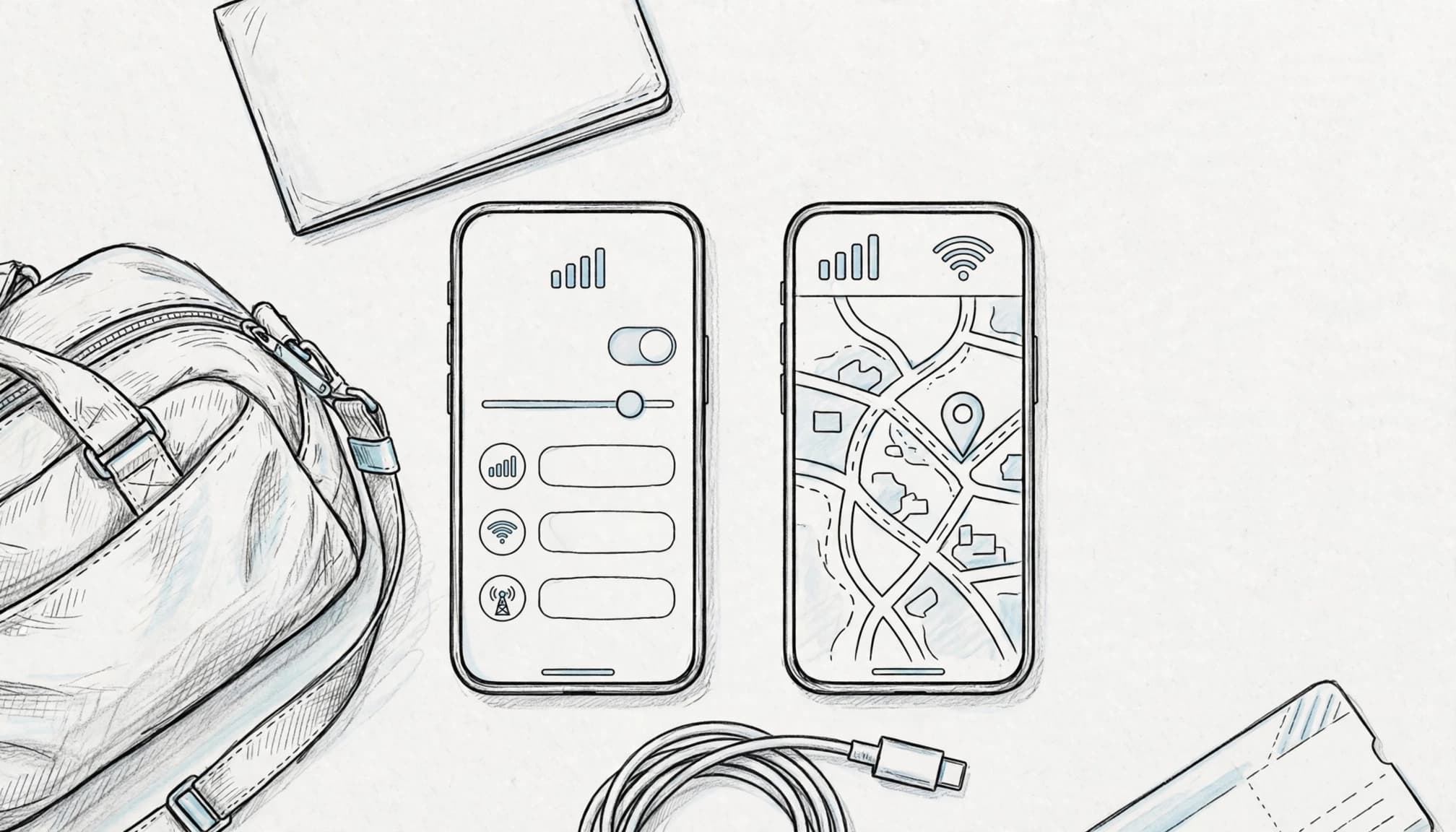 Two phones beside a travel bag, passport, cable, and boarding pass edge.