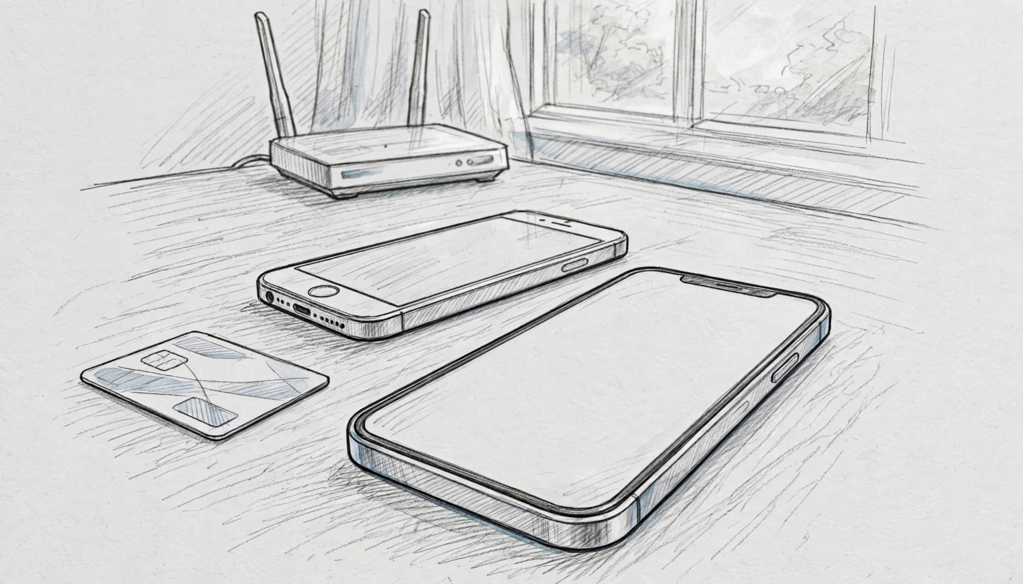 Two phones and a travel card sit on a bright table near a Wi-Fi router.